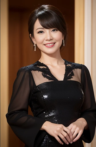 Masseter Film, highest quality, masterpiece, High resolution, realism, Original photo, 8k wallpaper, perfection, Professional Lighting, Very detailed, Written boundary depth, ((Beautiful woman in a sexy black Chinese dress)), ((Sexy 40 year old women)),, ((smile)), Detailed face, Beautiful Eyes,, bangs, She has big breasts and a nice figure, (Sexy look), Hair Bun, (Thick lips), Long legs,I can see your chest,Shoot from the front,Wear white stockings,Red High Heels,Standing in Chinatown