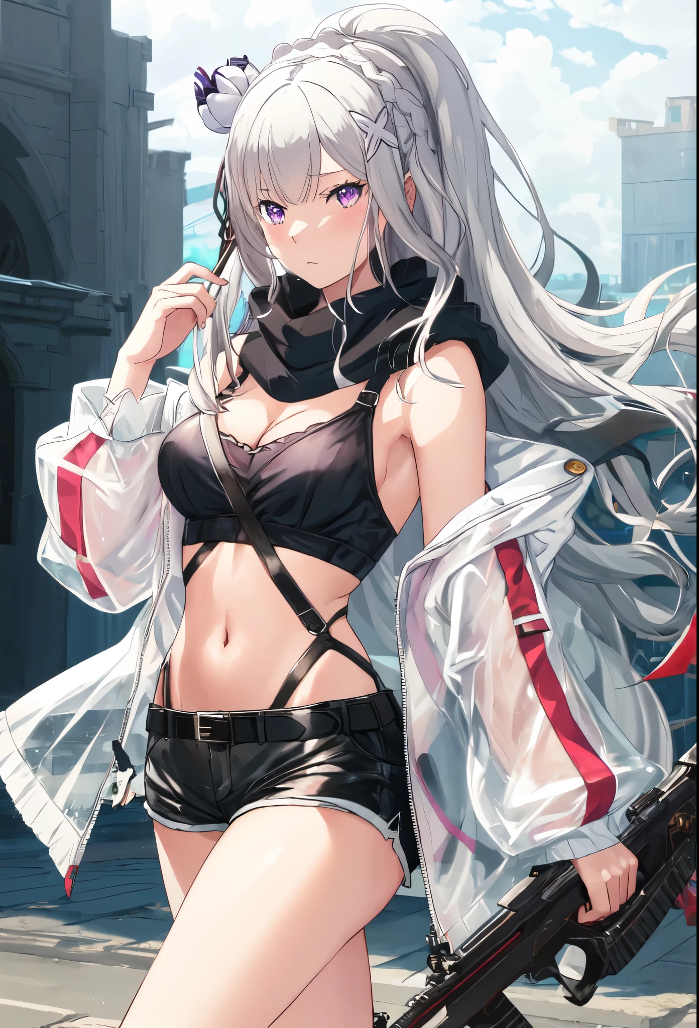 Emilia re:zero, purple eyes, Emilia, crown braid, x hair ornament, flower hair ornament, white hair, long hair, medium breasts, best quality, masterpiece, highres, solo, {schwarz_arknights:0.90}, 1girl, black_shorts, crop_top, long_sleeves, midriff, navel, open_jacket, short_shorts, white_jacket, black_scarf, holding_weapon, looking_at_viewer, stomach, cleavage, crossbow, thighs, medium_breasts, see-through, cowboy_shot, bare_shoulders, off_shoulder