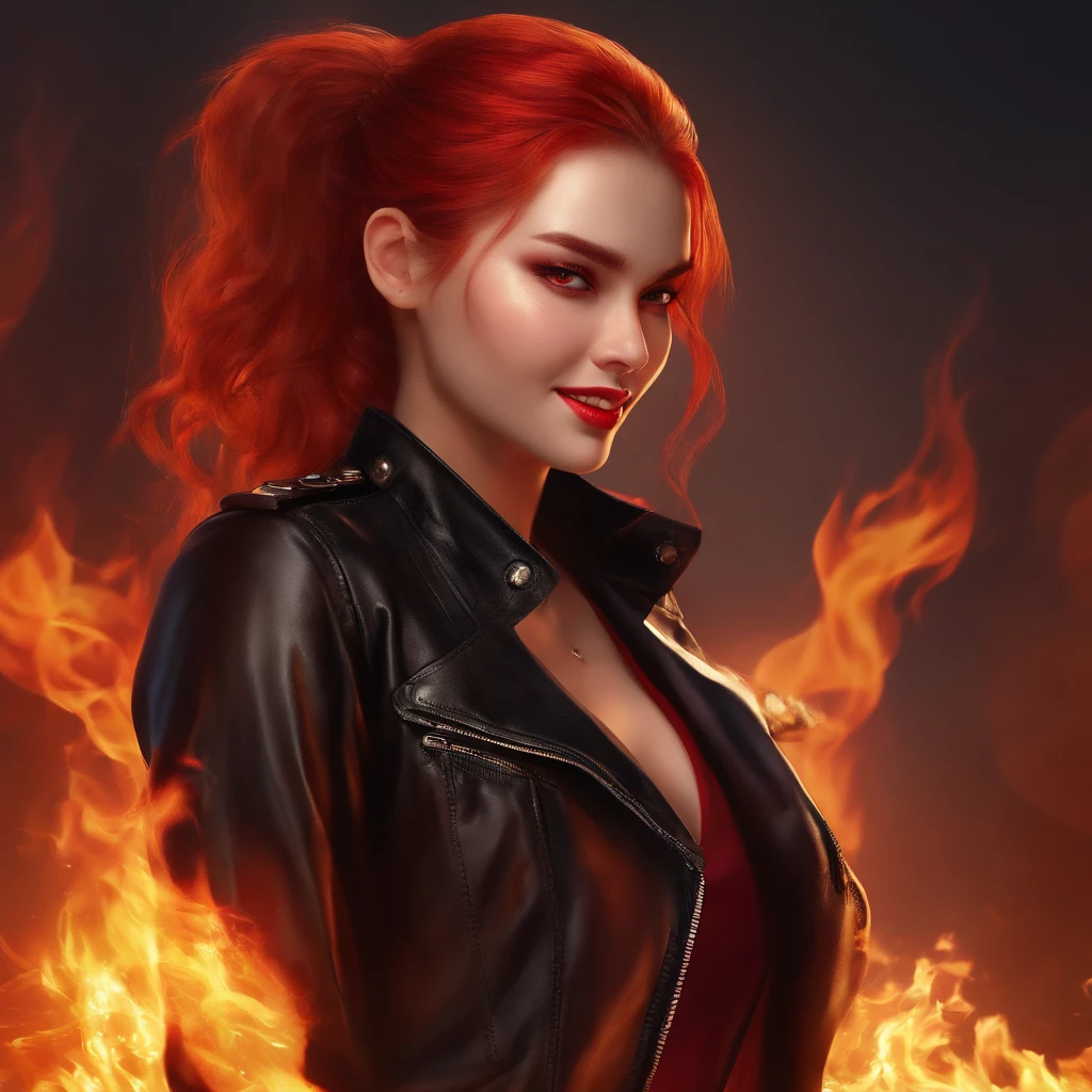 Girl、ponytail、Red Hair、Red eyes、Eye patch、Flames from hands、A condescending smile、leather jacket、Short pants、Leather shoes、intense flame effect