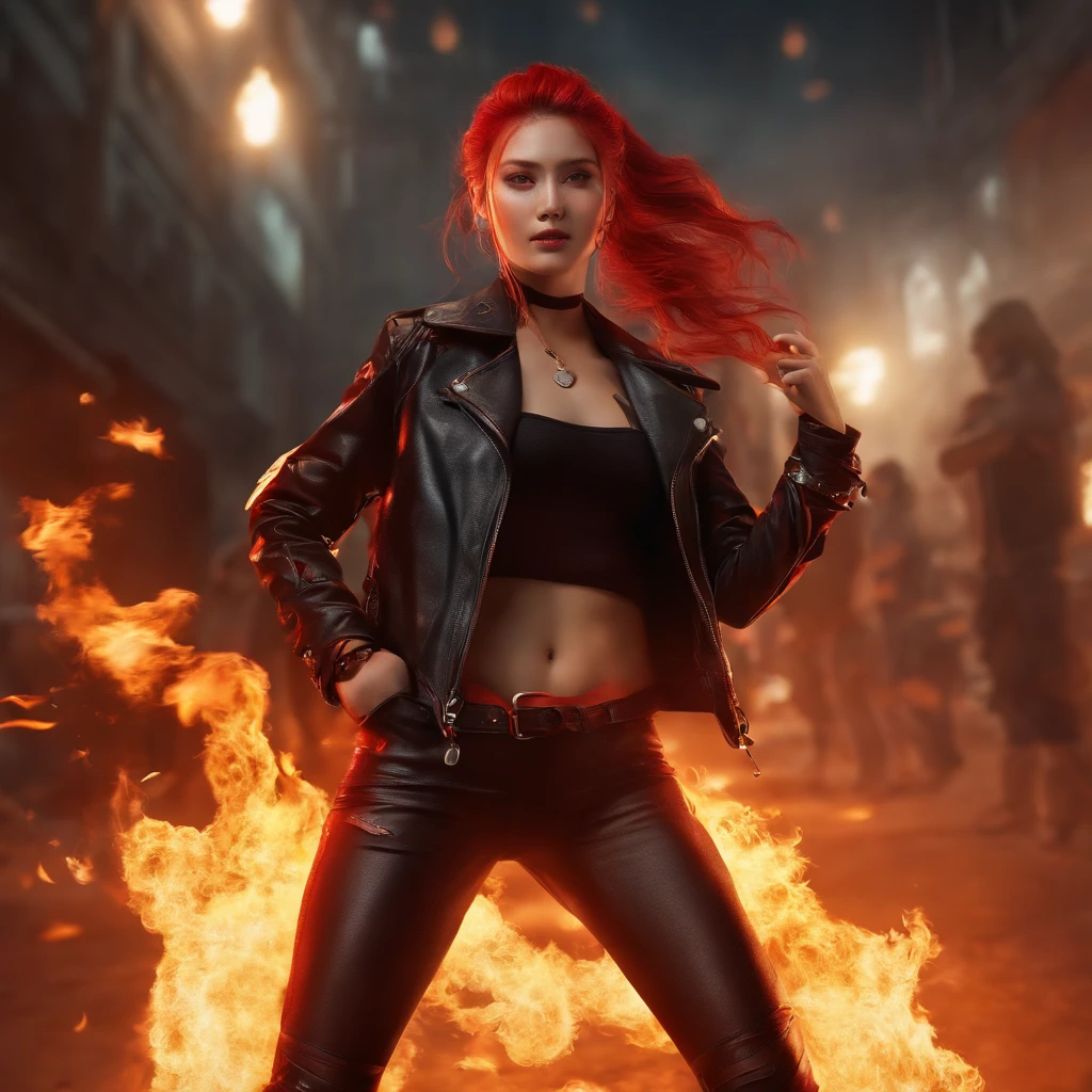 Girl、ponytail、Red Hair、Red eyes、Eye patch、Flames from hands、A condescending smile、leather jacket、Short pants、Leather shoes、intense flame effect