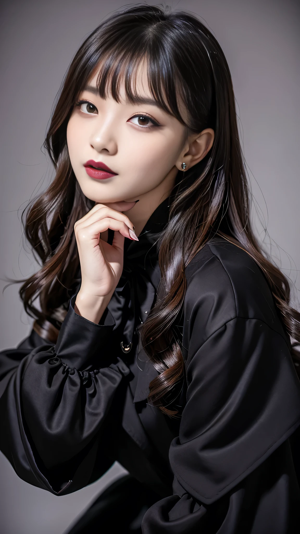 best quality、ultra-detailed、4k、Japanese、Seductive beauty、seductive adult woman、Pretty Woman、cool girl、Villainess、Brainwashed、brainwash、Fallen into evil、smirk、Evil look、Wicked Smile、evil、Brown hair、wavy hair、swept bangs、dark makeup、dark makeup、piercing eyes、hollow eyes,half-closed eyes、Hollow Eyes、purple Eyeshadow、black lipstick、black lipglos、suit、Jacket、Black Ribbon、Frilled blouse、flare skirt、night、inside darkroom、Has a switch、Emblem of Evil、Crest of Darkness、Swear allegiance、I have pledged my allegiance、Dye black、Blackening、Stained with evil、Dyed in darkness、Whisper in my ear