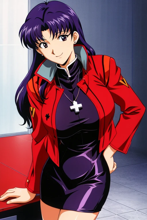 Katsuragi Castle_Misato, Huge_chest, Are standing, alone, Misato_cross_necklace, black_pencil_dress_expensive_collar_red_Jacket, Tabletop, highest quality, Detailed face, Fine grain, expensivet resolution,smile,chestの谷間