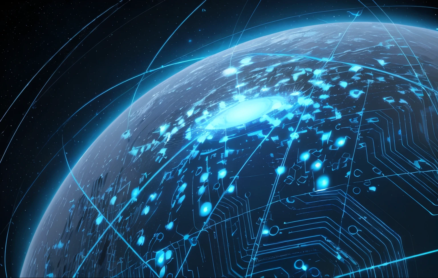 Create a visually striking composition with a planet above which telecommunications signals are seen in beam shapes. Cybernetic Style, the planet is seen whole and the background of the image is a repeating pattern of 1s and 0s (bits)