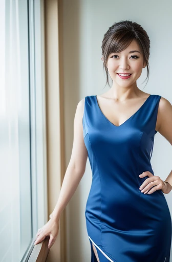 Masseter Film, highest quality, masterpiece, High resolution, realism, Original photo, 8k wallpaper, perfection, Professional Lighting, Very detailed, Written boundary depth, ((Beautiful woman in a sexy blue Chinese dress)), ((Sexy 40 year old women)),, ((smile)), Detailed face, Beautiful Eyes,, bangs, She has big breasts and a nice figure, (Sexy look), Bun, (Thick lips), Long legs,I can see your chest,Shoot from the front,Wear white stockings,White high heels,Standing in Chinatown