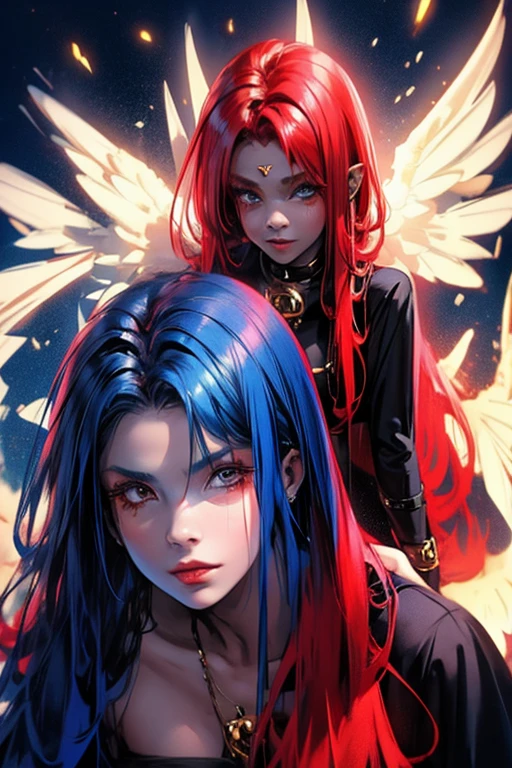 1girl, blue red hair(1:2), good and evil, heaven and hell