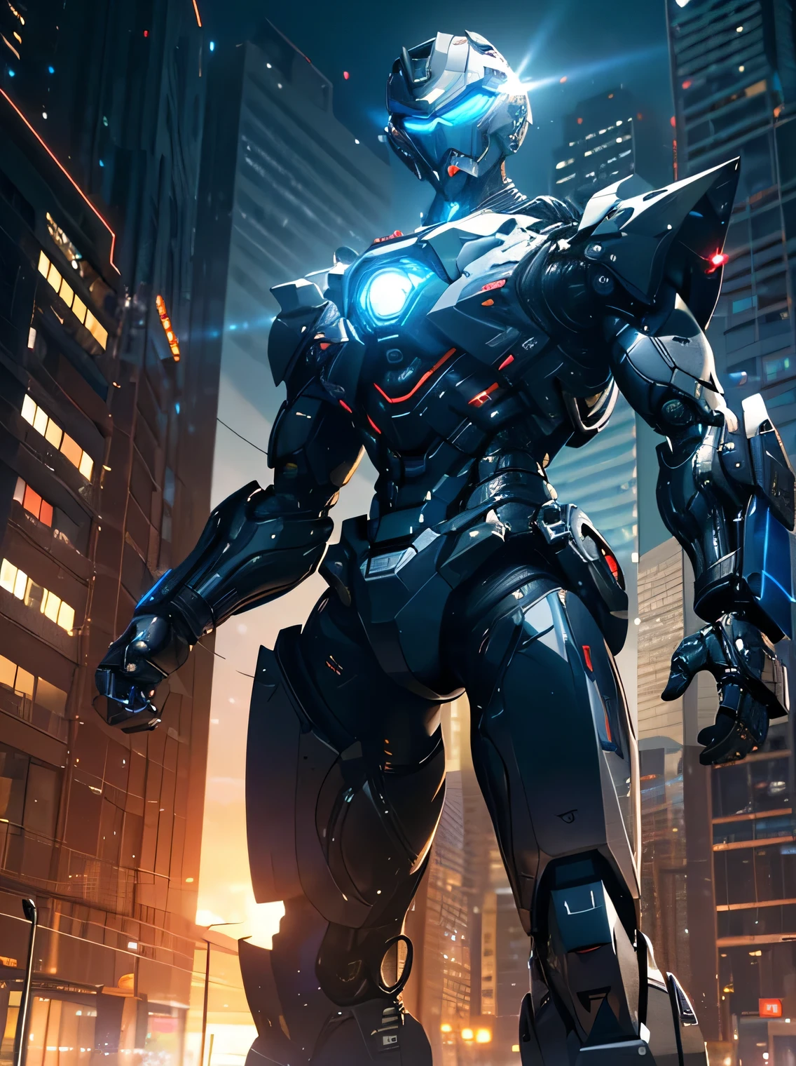 (best quality,4k,8k,highres,masterpiece:1.2), ultra-detailed, (deformed, photorealistic, photo-realistic:1.3), One humanoid robot, masculine, hero, angular, military, cyber, combat, white all over, blue light, glowing goggles, bare hands, friendly, standing blocked, slightly looking up composition, night, urban.