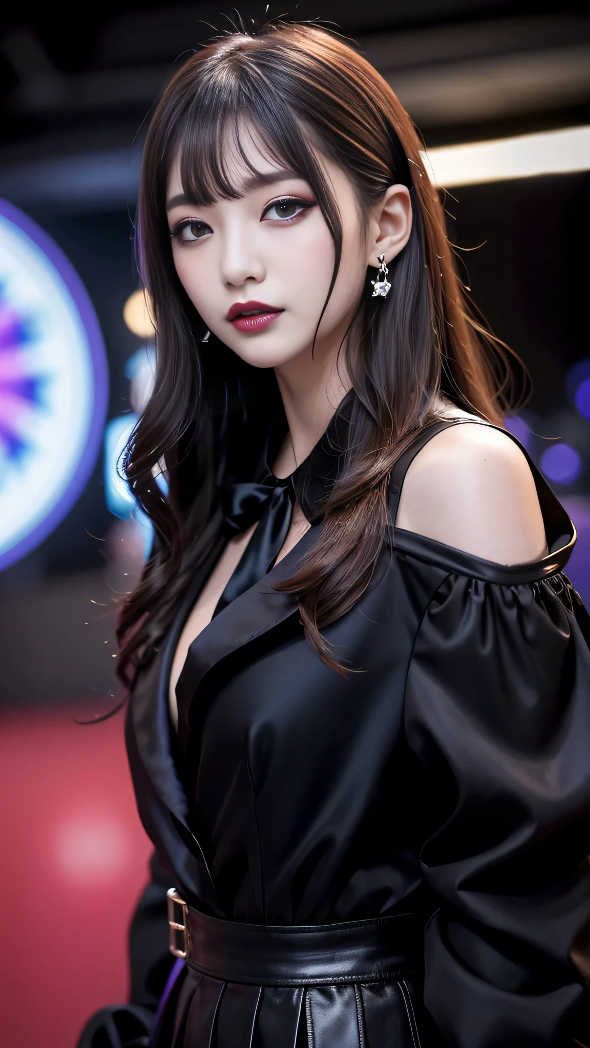 best quality、ultra-detailed、4k、Japanese、Seductive beauty、seductive adult woman、Pretty Woman、cool girl、Villainess、Brainwashed、brainwash、Fallen into evil、smirk、Evil look、Wicked Smile、evil、Brown hair、wavy hair、swept bangs、dark makeup、dark makeup、piercing eyes、hollow eyes,half-closed eyes、Hollow Eyes、purple Eyeshadow、black lipstick、black lipglos、suit、Jacket、Black Ribbon、Frilled blouse、flare skirt、night、inside darkroom、Has a switch、Emblem of Evil、Crest of Darkness、Swear allegiance、I have pledged my allegiance、Dye black、Blackening、Stained with evil、Dyed in darkness、Whisper in my ear
