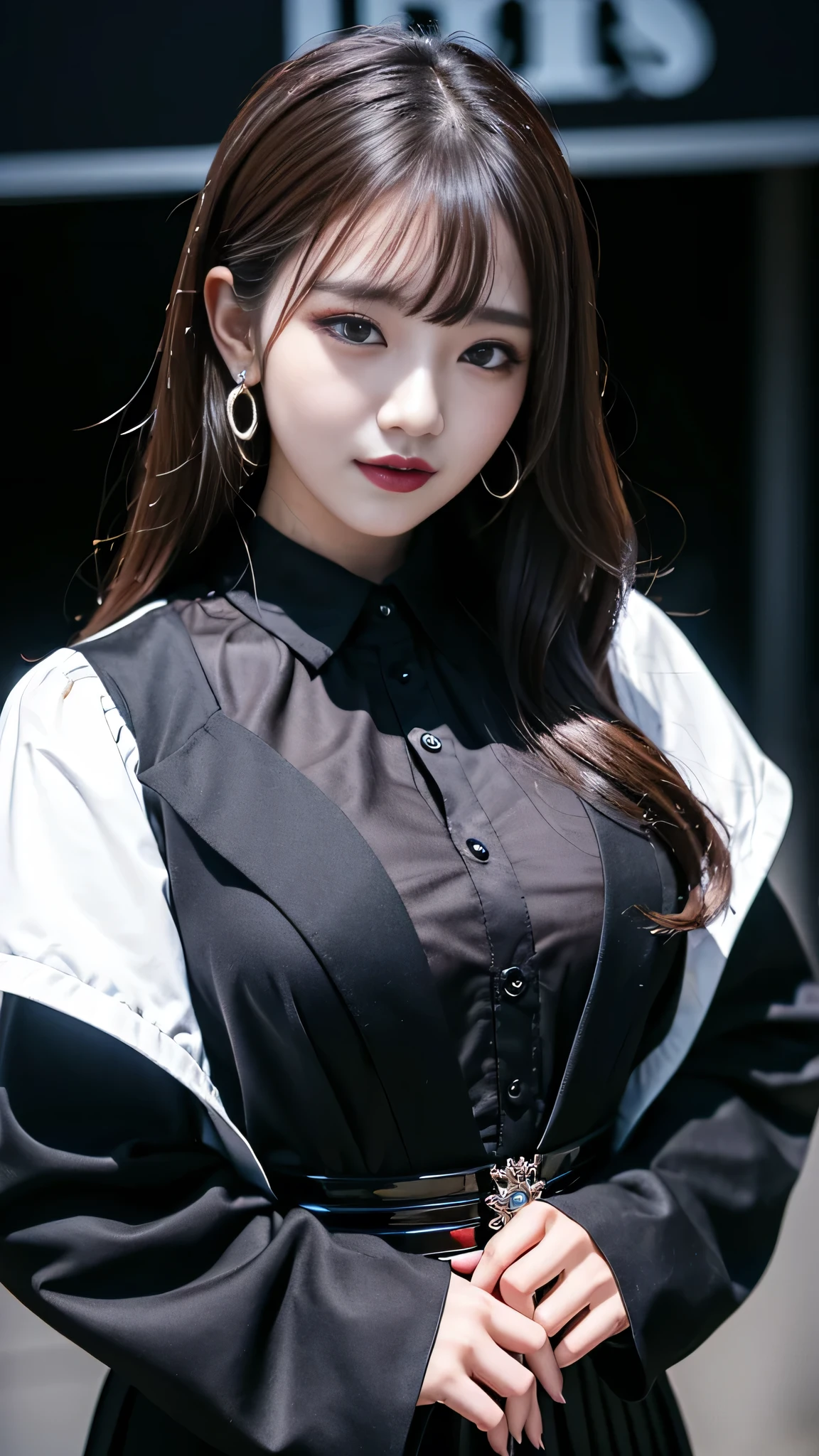 best quality、ultra-detailed、4k、Japanese、Seductive beauty、seductive adult woman、Pretty Woman、cool girl、Villainess、Brainwashed、brainwash、Fallen into evil、smirk、Evil look、Wicked Smile、evil、Brown hair、wavy hair、swept bangs、dark makeup、dark makeup、piercing eyes、hollow eyes,half-closed eyes、Hollow Eyes、purple Eyeshadow、black lipstick、black lipglos、suit、Jacket、Black Ribbon、Frilled blouse、flare skirt、night、inside darkroom、Has a switch、Emblem of Evil、Crest of Darkness、Swear allegiance、I have pledged my allegiance、Dye black、Blackening、Stained with evil、Dyed in darkness、Whisper in my ear