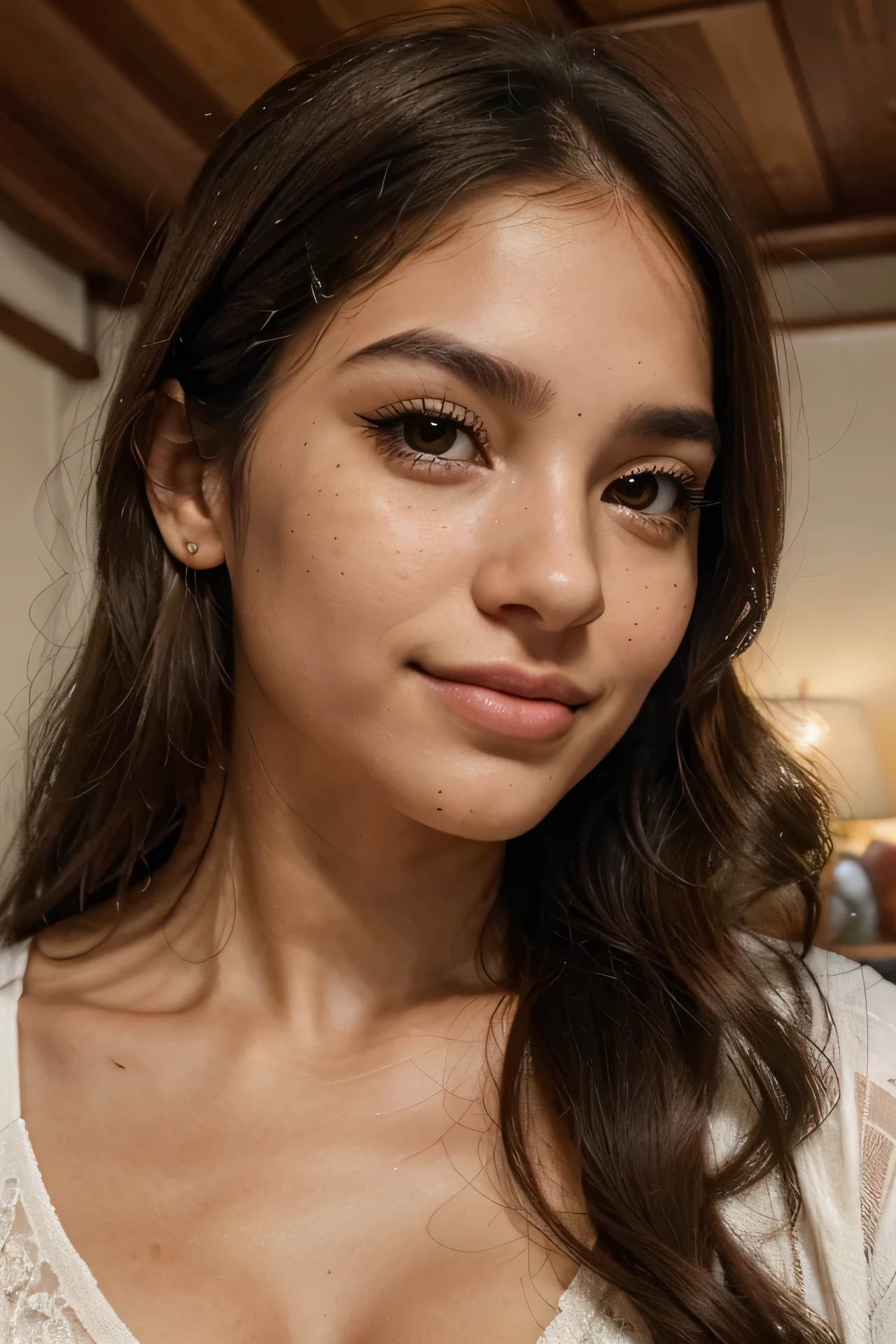 Please create a realistic portrait of a woman named Rafaela Castro. She is approximately 25 years old. Her face has a soft oval shape, with slightly defined cheekbones. Rafaela has almond-shaped brown eyes, expressive and slightly tilted upwards at the ends. His eyebrows are arched but naturally thick. She has long, dark eyelashes that highlight her eyes. Its nose is small and straight, with delicate nostrils. Rafaela has full lips, with the lower lip a little fuller than the upper. His smile is charming, showing white, straight teeth. Her chin is slightly pointed and delicately defined. Rafaela has long, voluminous hair, wavy at the ends, dark brown in color, with subtle reflections of light. Your skin is soft and medium-toned, with a slight luminosity. She has a few delicate freckles scattered across her nose and cheeks, adding a touch of sweetness to her face. Please create a portrait that captures Rafaela Castro's beauty and intriguing personality, with attention to detail and realism.