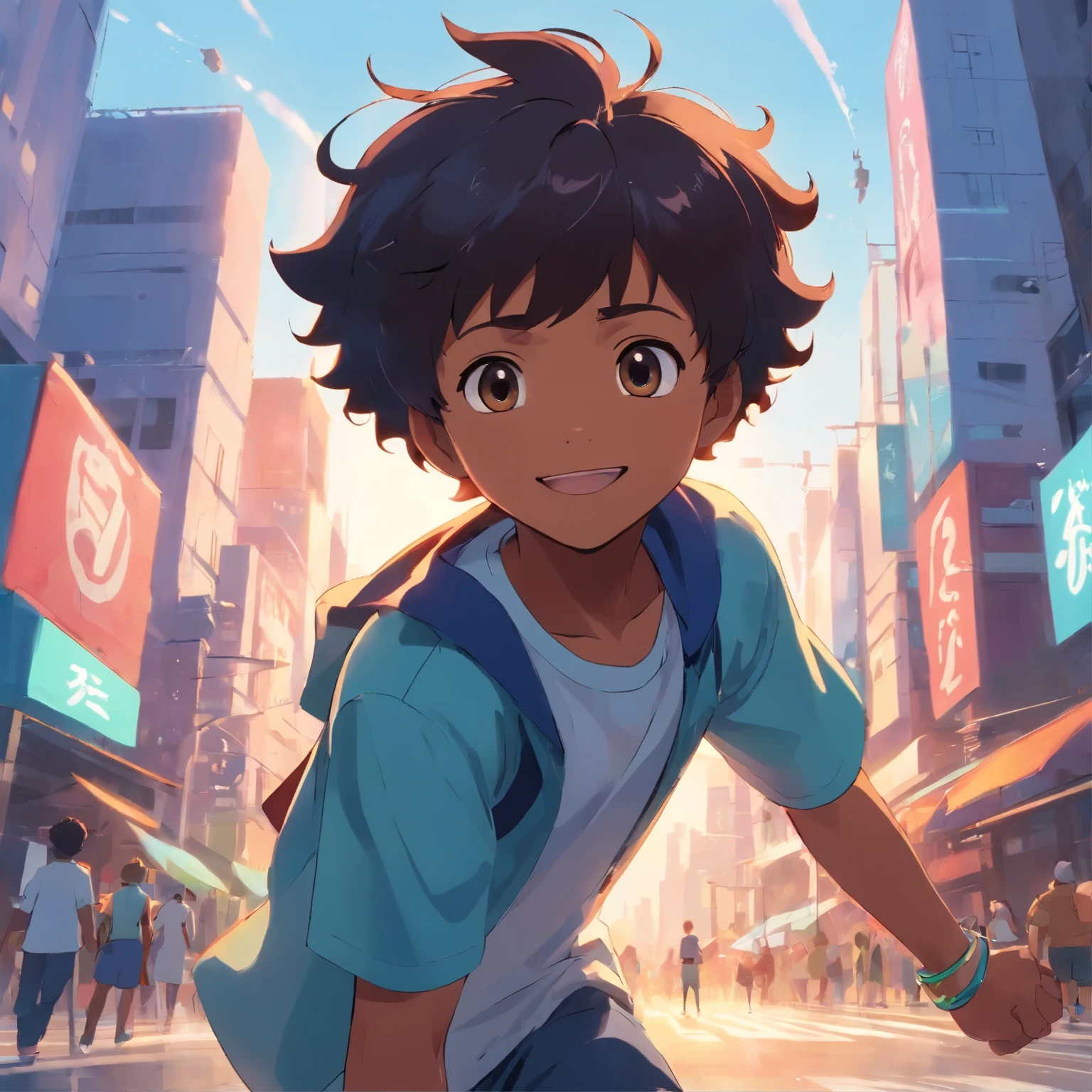 A happy black boy with an afro hairstyle., en un fondo blanco. The artwork is inspired by Pixar style and has a vivid color palette.. The child's face is very detailed., with beautifully rendered features. Image quality is of the highest level, with a resolution of 16k. The scene is a 3D composition., similar to a character from an animated movie like Avengers. The child's cheerful expression and energetic posture reflect the essence of childhood..