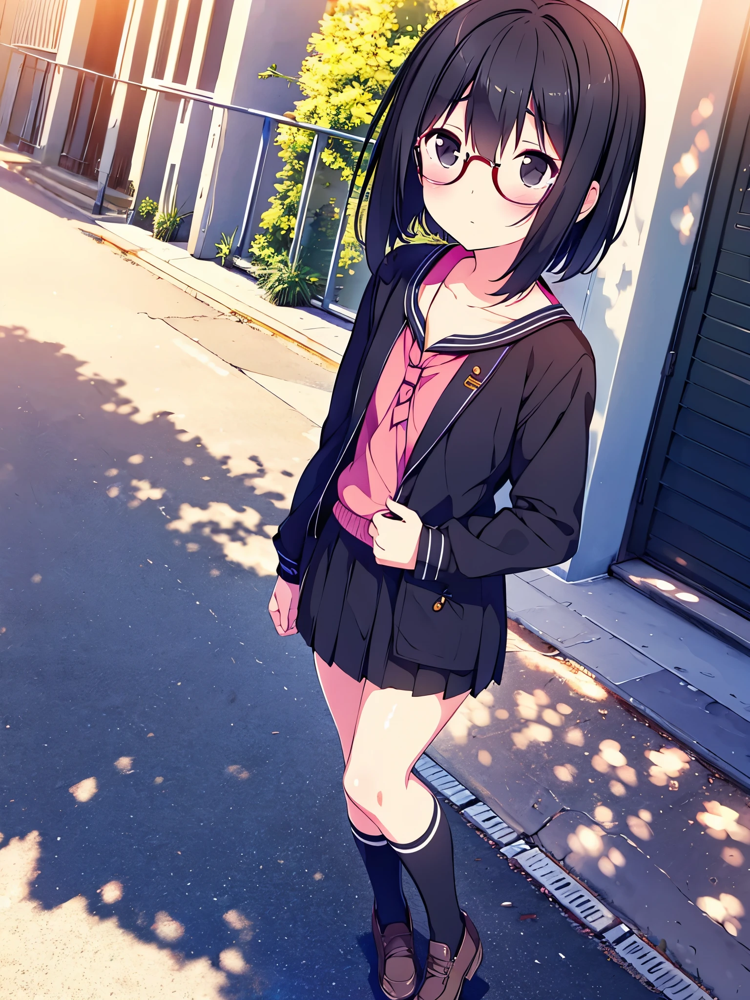 {shino asada, (black eyes:1.5), black hair, hair between eyes, hair ribbon, short hair, sidelocks, glasses}, Highly detailed and realistic CG, Colorful, Masterpiece, Best Quality, novel illustration,1girl in, Solo, loose socks, contrapposto, miniskirt, black , zettai ryouiki, pupils, looking over eyewear, troubled eyebrows, confused, from POV,