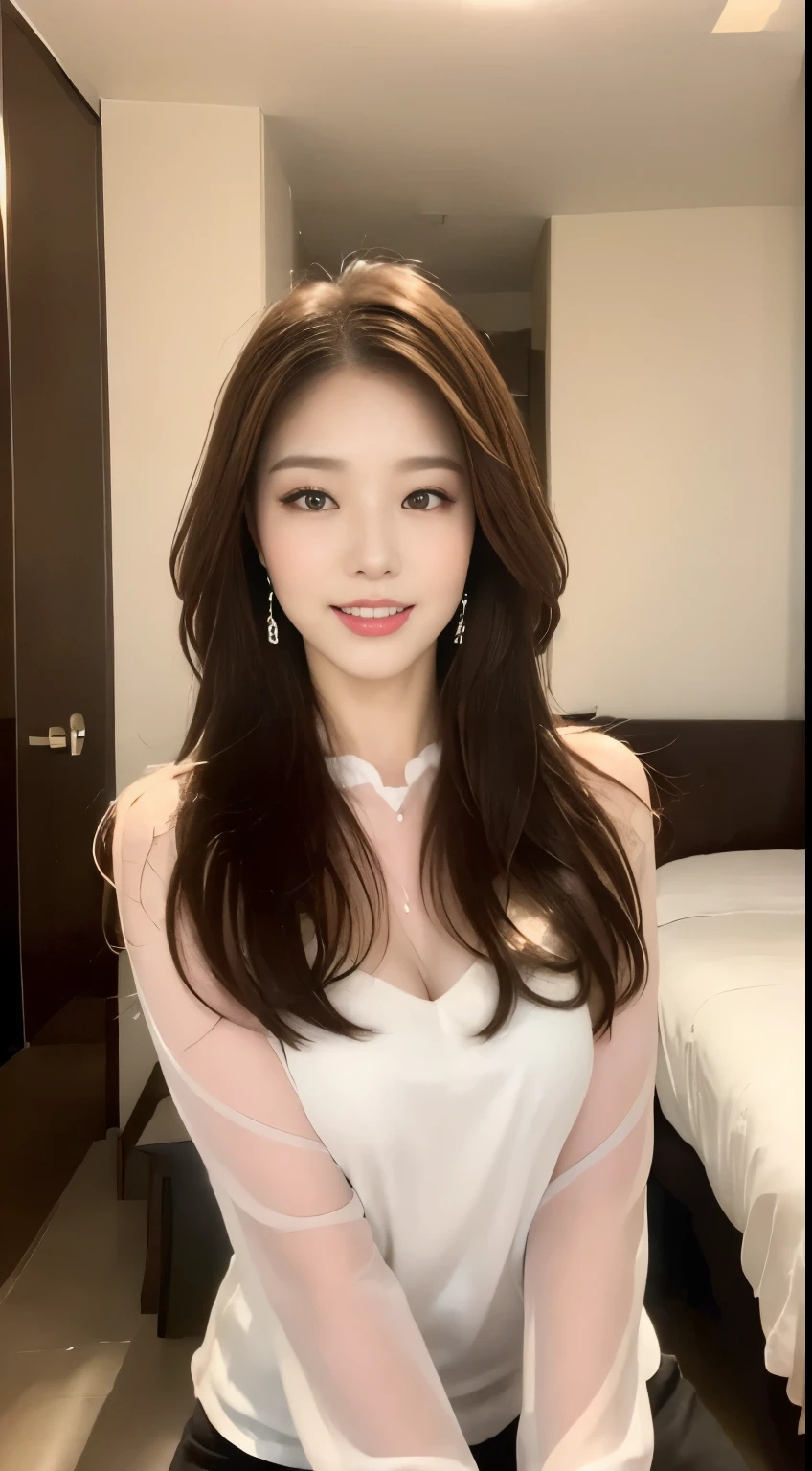 ((highest quality, 8k, masterpiece :1.3)), One girl, ,A very affectionate smile:1.3,blush, Red lipstick:1.2,Dark lipstick:1.2,Slim face, Beautiful woman, Big Breasts:1.3, Highly detailed face, double eyelid, night, night景, skyscraper, Hotel,bedroom,,Staring at the camera,White loose blouse,flare skirt,(masterpiece: 1.3), (Maximum resolution: 1.4), (Ultra high definition: 1.2), Cinematic Light, Ultra high definition, (Detailed eyesと肌), (Detailed facial features), 8k resolution, Perfect Style, Beautiful expression、Highly detailed face and skin texture、Detailed eyes、Glitter Eyeliner:1.2、Thin cheeks、((Pure white skin:1.1)),Glossy Lips:1.2、((Full Body Shot:1.2)),(Straight Hairstyles、Light brown hair),,175cm,