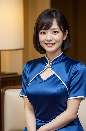 Masseter Film, highest quality, masterpiece, High resolution, realism, Original photo, 8k wallpaper, perfection, Professional Lighting, Very detailed, Written boundary depth, ((Beautiful woman in a sexy blue Chinese dress)), ((Sexy 40 year old women)),, ((smile)), Detailed face, Beautiful Eyes,, bangs, 彼女は胸が大きくてスタイルもgood, (Sexy look), good, (Thick lips), Long legs,I can see your chest,Shoot from the front,Wear white stockings,White high heels,Sit in the hotel lobby