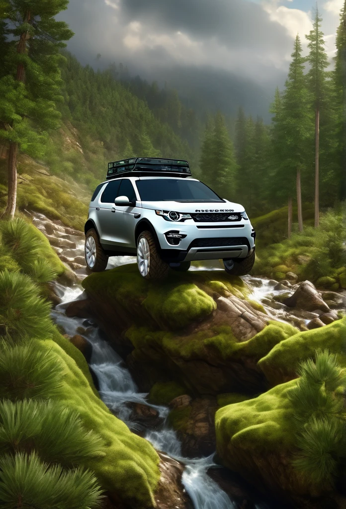 Create a picture of the 2024 Land Rover Discovery Sport crawling the highland with the lush green towering Pinus merkusii forest, oil on canvas painting with Don Lawrence photorealistic style, octane render
