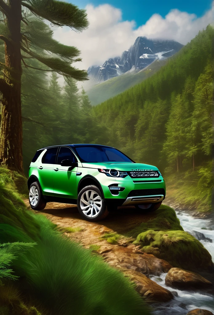 Create a picture of the 2024 Land Rover Discovery Sport crawling the highland with the lush green towering Pinus merkusii forest, oil on canvas painting with Don Lawrence photorealistic style, octane render