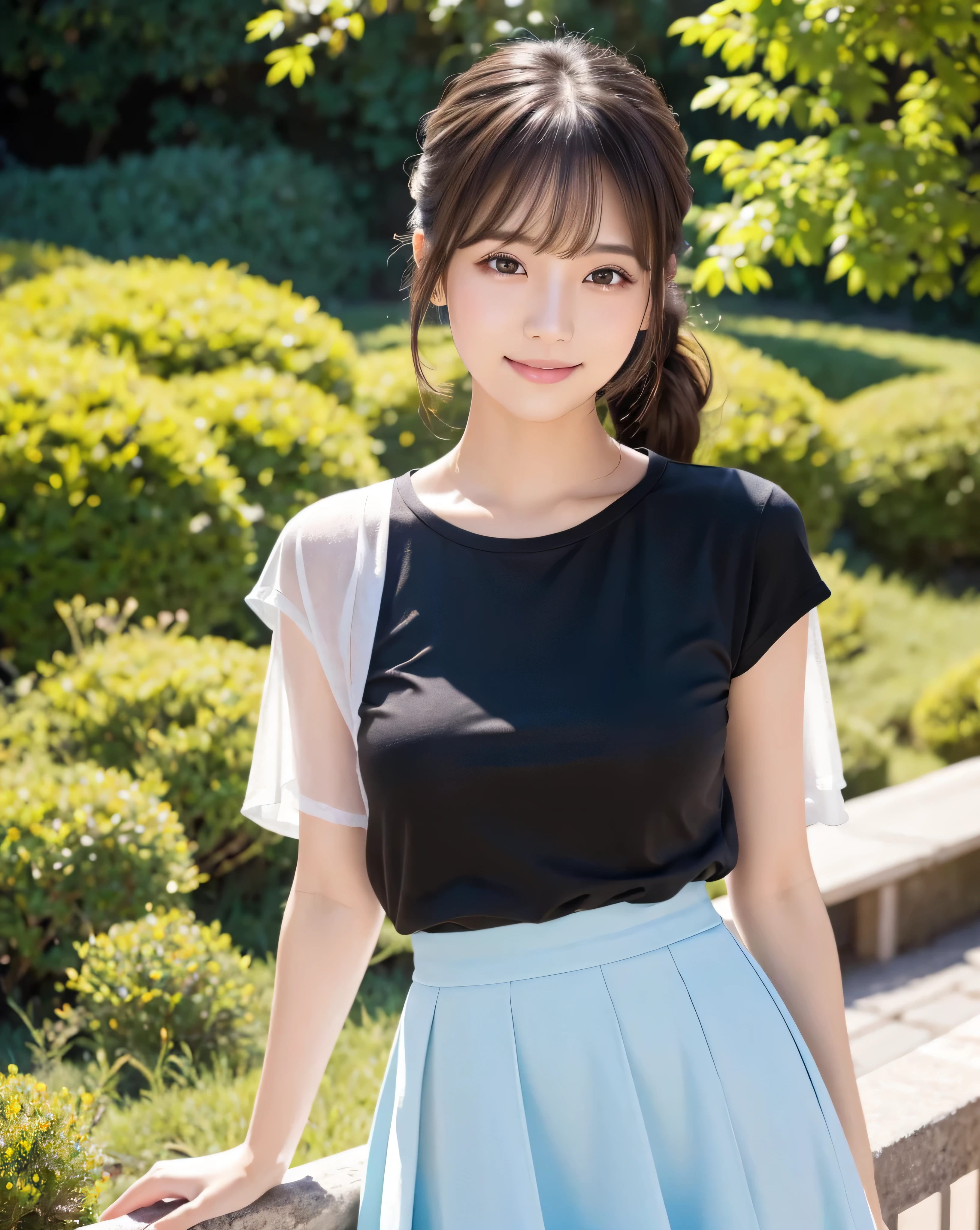 ((highest quality, 32k, High resolution, Masterpiece:1.5)), painted in abstract style, Haunting fantasy portraits, ((In a swirl of fantastic pastel colors and soft light)), A sense of calming serenity and elusive beauty, Expressing emotions, Have a rich imagination, Cute Japanese Woman, Perfect Human Anatomy, Magical big eyes, fleeting smile, Motherhood and generosity, ((Shiny brown beautiful ponytail)), Asymmetrical bangs, Smooth and soft white skin, Beautifully trimmed, thin and fine eyebrows, Beautiful double eyelids, Pale pink detailed lips, Natural Makeup, ((Light blue T-shirt and black skirt)), Slender figure with ample breasts, High resolutionの美しい太もも, Soft sunlight, Professional Lighting, Professional Photographer, Professional Model,Mysterious