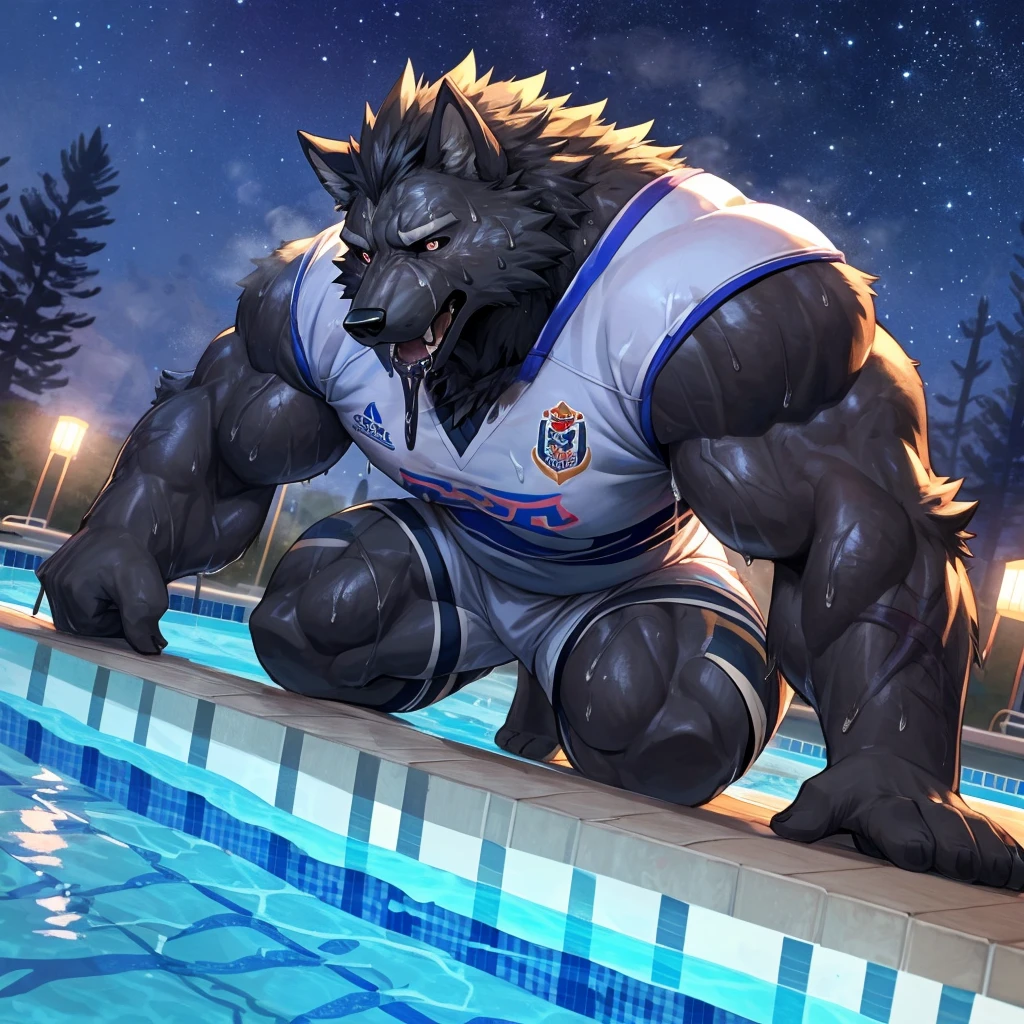 (highest quality:1.2), (masterpiece:1.2), anime, ultra detailed, angle from bottom
, Shaggy male black wolf, Black Wolf, great physique,Strong arms, manly, bodybuilder, (Fine veins:1.5)
, (Excessive sweating:1.7), (Sweat all over the body:1.7)
, Look up to the sky

, Fine grain, (ultra detailed eyes:1.4), black sclera, yellow pupil
, black tongue, A large amount of saliva, Tears dripping

, (rugby uniform:1.3)
,From null-ghost, (Poolside:1.5), The background is a forest, The lost city lights, end:night、in the starry sky
