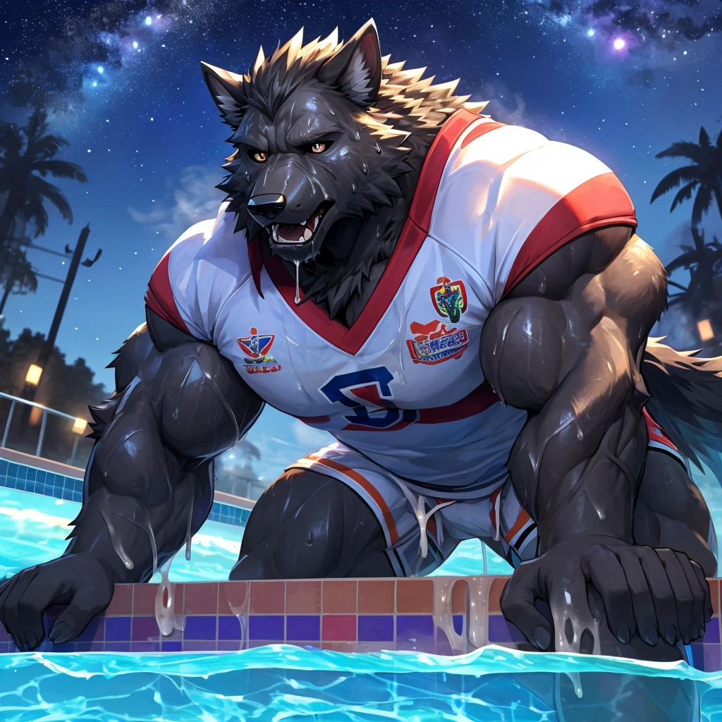 (highest quality:1.2), (masterpiece:1.2), anime, ultra detailed, angle from bottom
, Shaggy male black wolf, Black Wolf, great physique,Strong arms, manly, bodybuilder, (Fine veins:1.5)
, (Excessive sweating:1.7), (Sweat all over the body:1.7)
, Look up to the sky

, Fine grain, (ultra detailed eyes:1.4), black sclera, yellow pupil
, black tongue, A large amount of saliva, Tears dripping

, (rugby uniform:1.3)
,From null-ghost, (Poolside:1.5), The background is a forest, The lost city lights, end:night、in the starry sky
