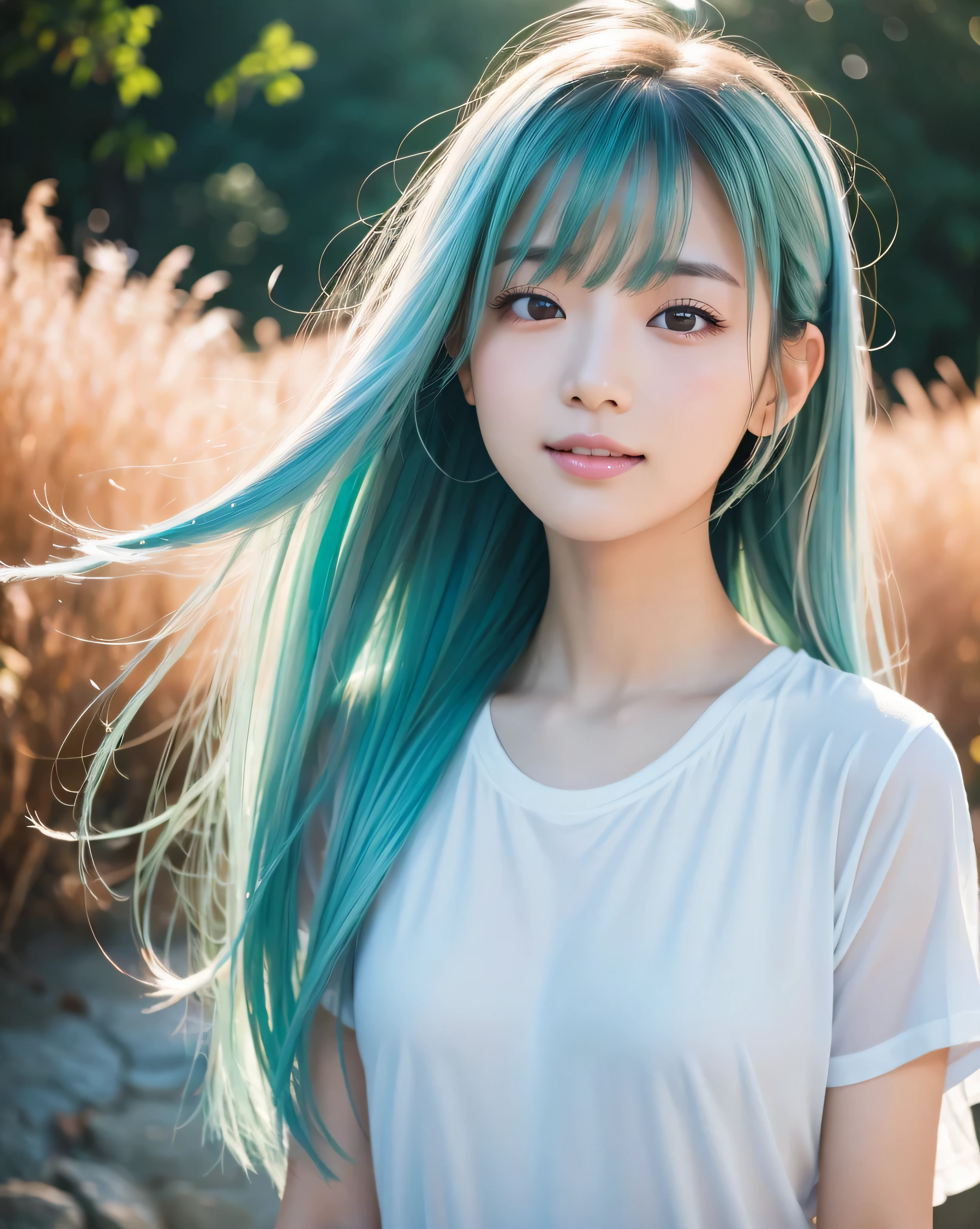 ((highest quality, 32k, High resolution, Masterpiece:1.5)), painted in abstract style, Haunting fantasy portraits, ((In a swirl of fantastic pastel colors and soft light)), A sense of calming serenity and elusive beauty, Expressing emotions, Have a rich imagination, Cute Japanese Woman, Perfect Human Anatomy, Big magic eye, A kind smile, Motherhood and generosity, ((Shiny icy green hair)), Beautiful ponytail, Asymmetrical bangs, Smooth and soft skin, Thin eyebrows, Transparent double eyelids, Pale pink lips, ((Light blue T-shirt)), High resolution perfect collarbone, High resolution beautiful bust, Slender body with plump breasts, High resolutionの美しい太もも, Soft sunlight, Professional Lighting, Professional Photographer, Professional Model,Mysterious
