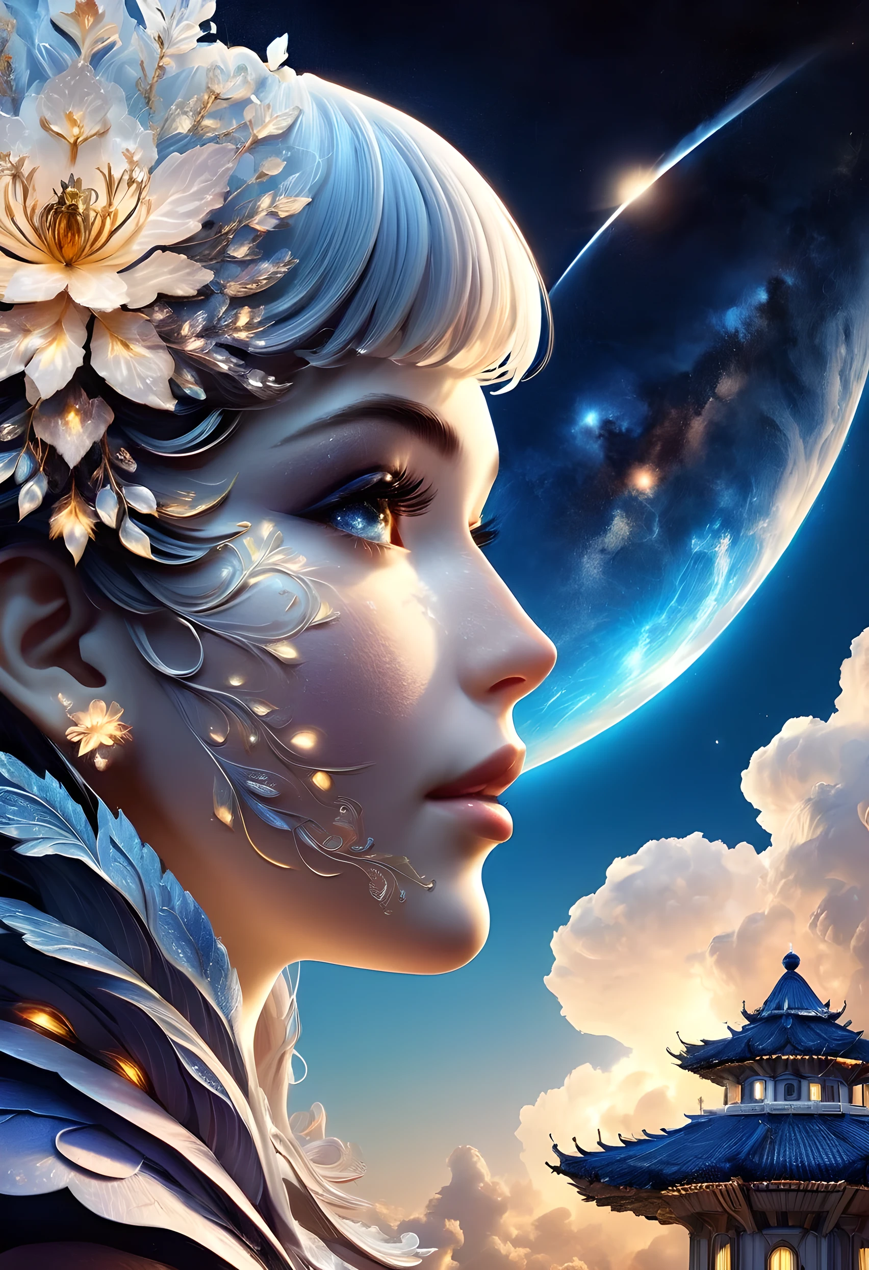 hohe Detailgenauigkeit, super detail, super high resolution, Girl enjoys her time in the dream galaxy, umgeben von Sternen, warmes Licht besprenkelt sie, Hintergrund ist Sternenhimmel mit bunten Galaxien und Galaxienwolken, Sterne fliegen um sie herum, zartes Gesicht, Create a playful atmosphere , 