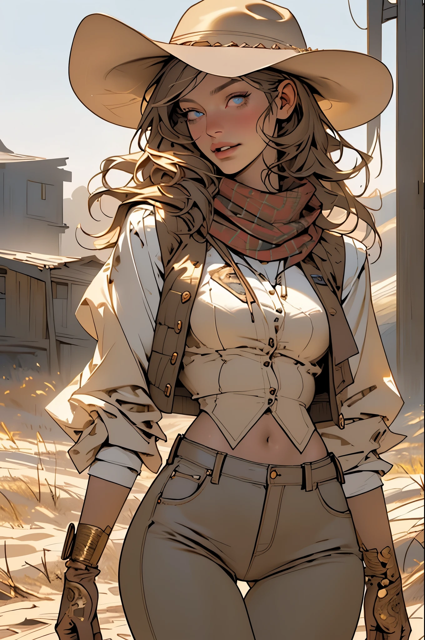(highest quality, Super detailed, realistic:1.37), outdoor, girl, beautiful face, detailed and beautiful eyes, beautiful detailed lips, cowboy hat, vest with fringes, slim waist, slender thighs, thigh gap, slim thighs, show belly, pants, scarf, With confidence, medium chest, dusty farm landscape, golden hour lighting