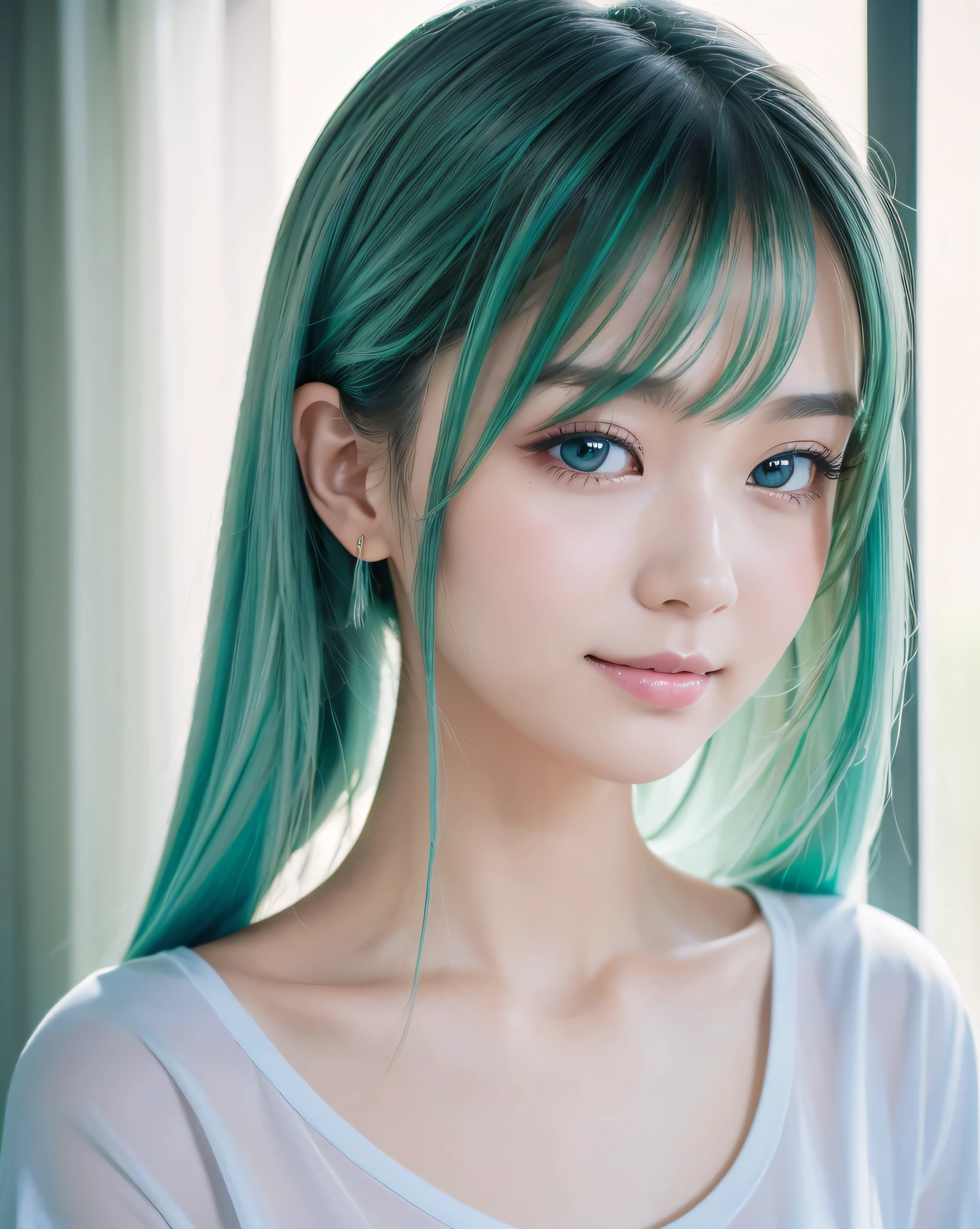 ((highest quality, 32k, High resolution, masterpiece:1.5)), painted in abstract style, A memorable and fantastical portrait, ((In a swirl of fantastic pastel colors and soft light)), Calming serenity and elusive beauty, Expressing emotions, Have a rich imagination, Cute Japanese Woman, Perfect Human Anatomy, Big magic eye, A kind smile, Motherhood and generosity, ((Shiny icy green hair)), Beautiful ponytail, Asymmetrical bangs, Smooth and soft skin, Thin eyebrows, Transparent double eyelids, Pale pink lips, ((Light Blue T-Shirt)), High resolutionの完璧な鎖骨, High resolutionの美しい胸元, Slender body with plump breasts, High resolutionの美しい太もも, Soft sunlight, Professional Lighting, Professional Photographer, Professional models,Mysterious