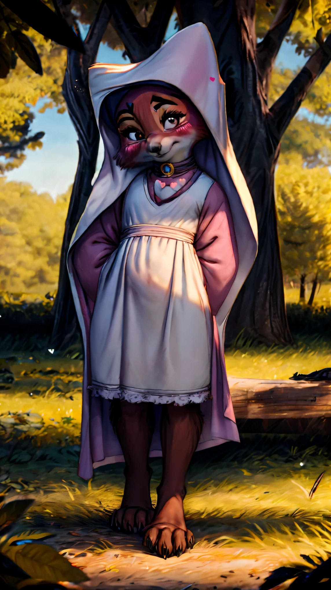 ((((feet visible:1.5)))),(((Embarrassed face))),(((heart shaped pupils:1.5))),(((Very detailed eyes:1.5))),Ultra HD,Ultra HD,(((blush:1.8))),maidmarian,((Beautiful Forest)),furry skin,(((cute))),fox women,((((realistic)))),(((8K))),standing