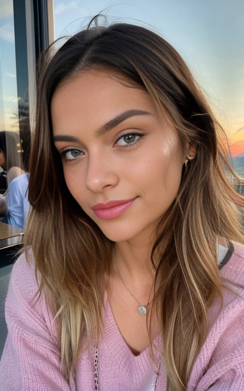 Beautiful blonde in pink sweater (drinking coffee inside a modern cafe at sunset), Muy detallado, 21 years, cara inocente, cabello ondulado natural, blue eyes, high resolution, Obra maestra, mejor calidad, detalles intrincados, Muy detallado, Sharp focus, Piel detallada, realista skin textura, textura, ojos detallados, profesional, 4k, Sonrisa encantandora, disparado en Canon, 85mm, poca profundidad de campo, Kodak Color Vision, cuerpo en forma perfecta, extremadamente detallado, Foto_\(ultra\), photorealista, realista, Postprocesamiento, maximum detail, aspereza, vida real, ultra realista, photorealism, Photography, 8k hd, Photography