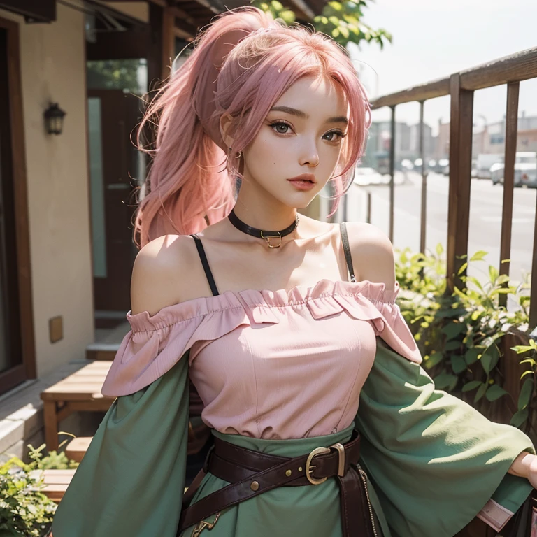 25 year old woman, european, sexy face, pink hair, ponytail, brown eyes, off-shoulder green dress with brown belt, best quality