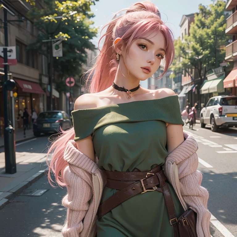 25 year old woman, european, sexy face, pink hair, ponytail, brown eyes, off-shoulder green dress with brown belt, best quality
