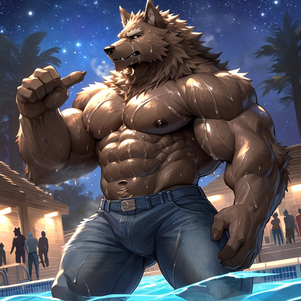 (highest quality:1.2), (masterpiece:1.2), anime, ultra detailed, angle from bottom, standing over viewer
, (Brown Wolf:1.5), great physique,Strong arms, manly, bodybuilder, (Fine veins:1.5), (shine body:1.5)
, (Excessive sweating:1.7), (Sweat all over the body:1.7), (almost naked:1.9), (shirtless:1.9)

, Fine grain, (ultra detailed eyes:1.4), black sclera, brown pupil
, black tongue, A large amount of saliva, Tears dripping

, (tear jeans:1.5)
,From null-ghost, (Poolside:1.3), The background is a forest, The lost city lights, end:night、in the starry sky, (A lot of people are watching:1.7)
