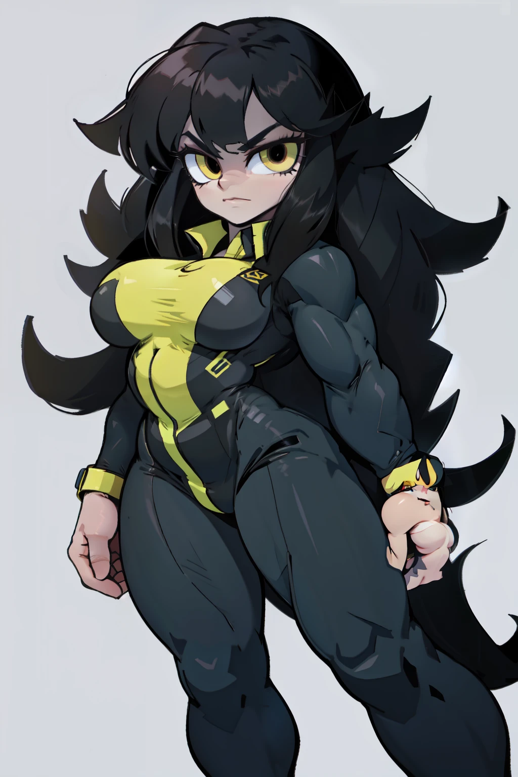 (bodybuilder) huge breasts black hair yellow eyes pale skin 1girl grey background very long hair bodysuit