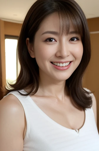Masseter Film, highest quality, masterpiece, High resolution, realism, Original photo, 8k wallpaper, perfection, Professional Lighting, Very detailed, Written boundary depth, ((Sexy beautiful woman)), ((Sexy 40 year old women)),,  ((smile)), Detailed face, Beautiful Eyes,, bangs, She has big breasts and a nice figure, (Sexy look), Long Hair, (Thick lips), A photo of your face,I smile at you