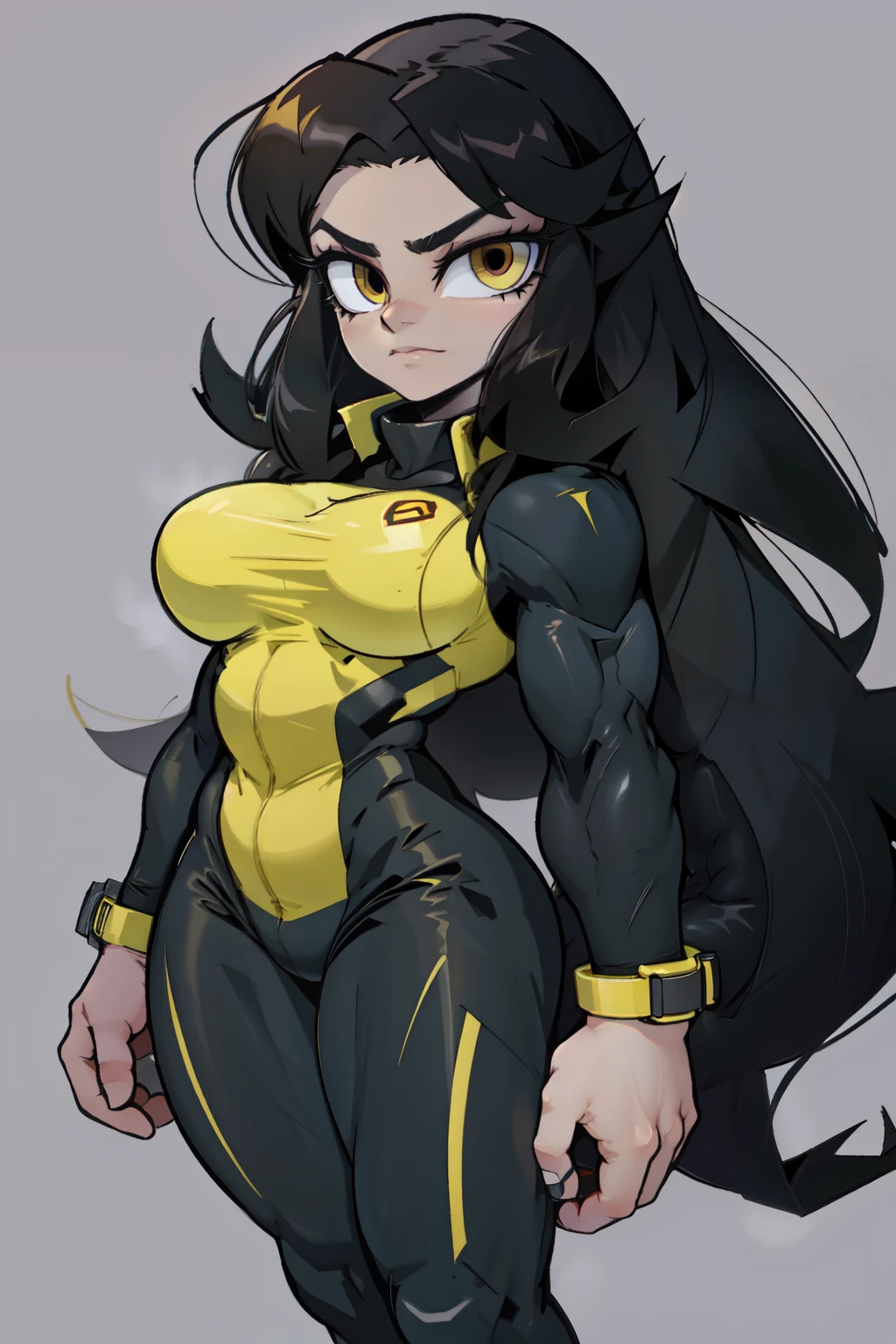 (bodybuilder) huge breasts black hair yellow eyes pale skin 1girl grey background very long hair bodysuit