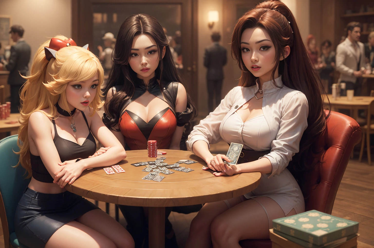 wild view of a wolrd with multiple game characters, group of people in costumes, 4game characters playing cards on table with tokens. they're 1princess peach; 1Sonic the hedgehog; 1Mai Shiranui; 1Diddy Kong. (characters wearing their respectiv outfits, characters in their respectiv shapes)