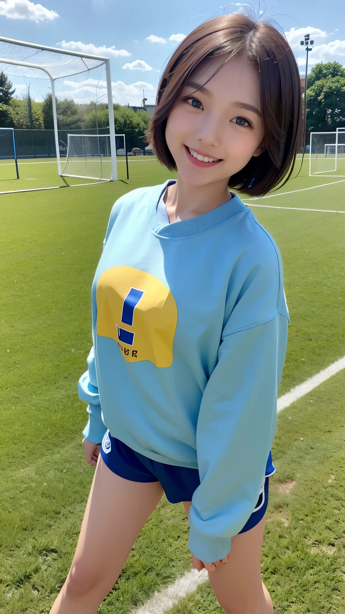Asian、Cute girl、Blue Eyes、Brown Hair、Short Hair、smile、White skin、Yellow sweatshirt、Soccer field、
