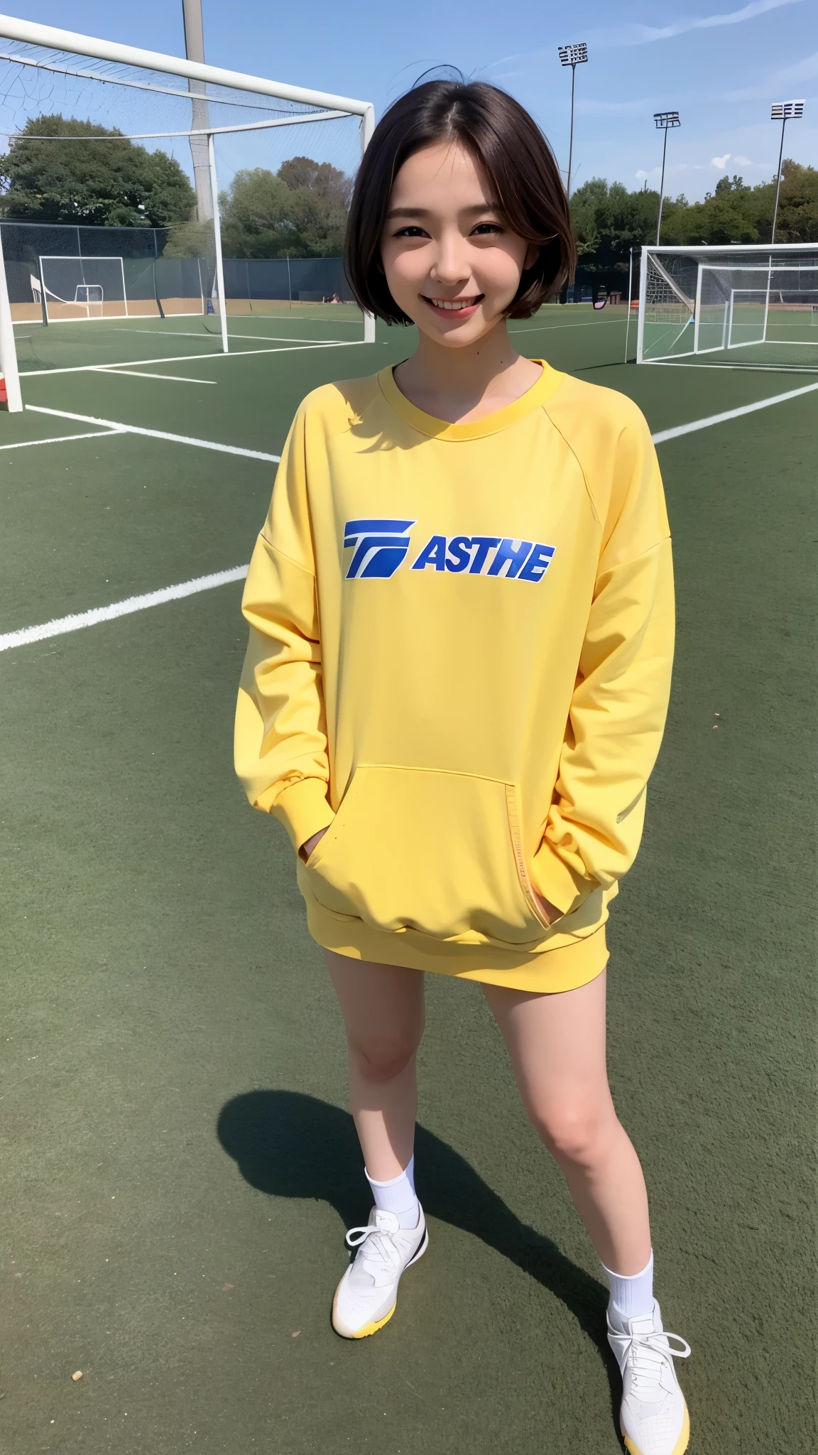 Asian、Cute girl、Blue Eyes、Brown Hair、Short Hair、smile、White skin、Yellow sweatshirt、Soccer field、