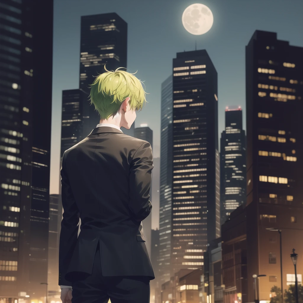 1boy, short green mix with yellow hair, brown eyes, wearing all black suit, moon, city, absurdres, high res, ultrasharp, 8K, masterpiece, looking at viewer from behind