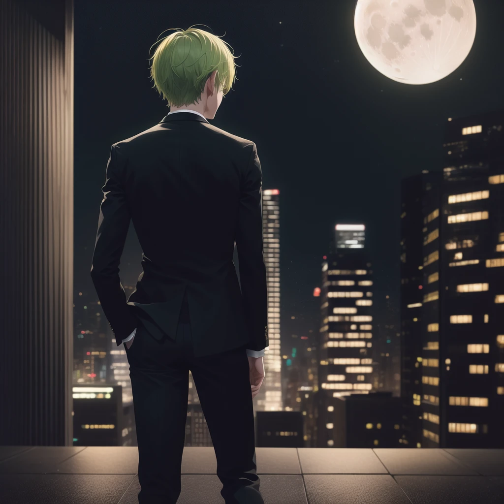 1boy, short green mix with yellow hair, brown eyes, wearing all black suit, moon, city, absurdres, high res, ultrasharp, 8K, masterpiece, looking at viewer from behind