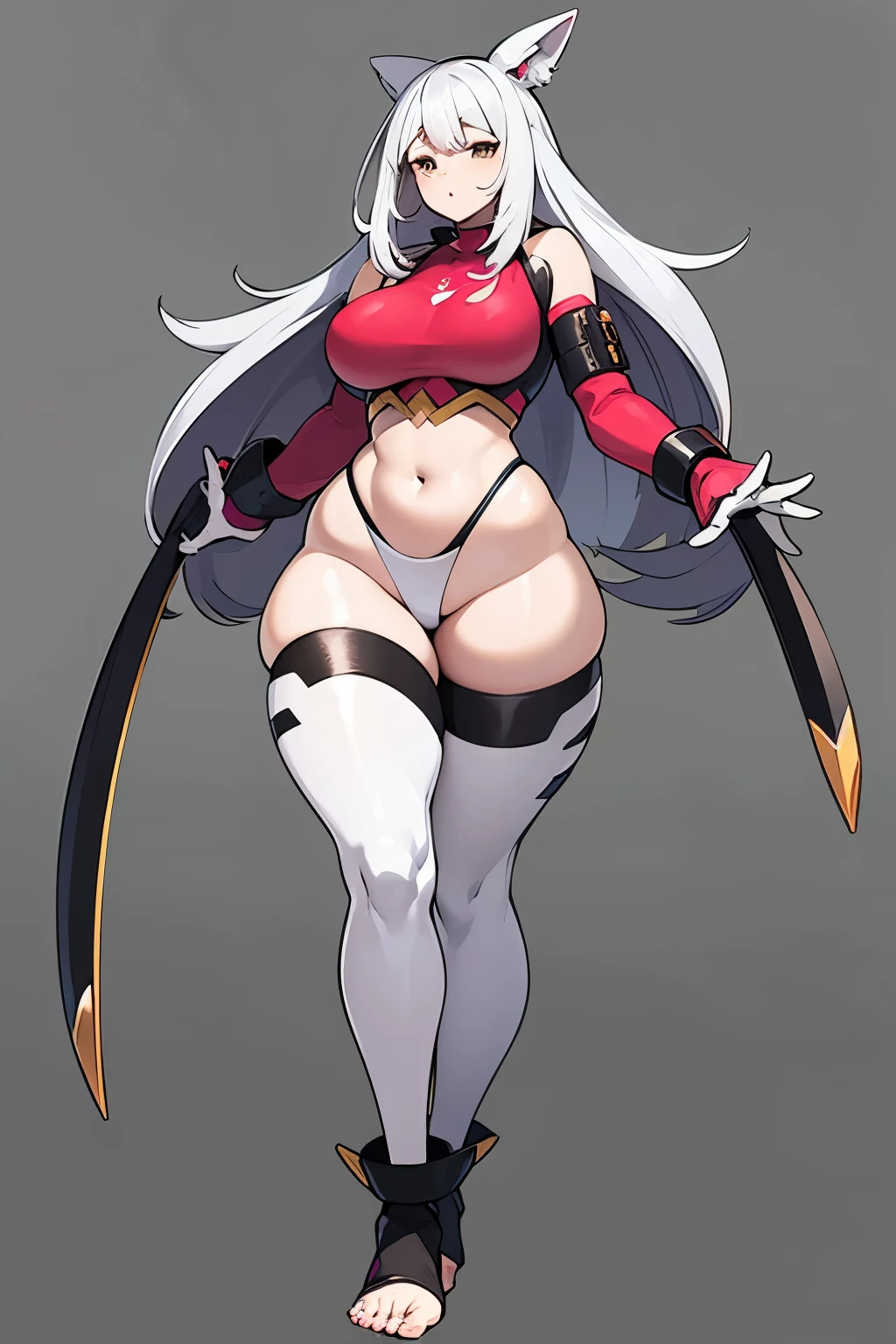 Concept art of pokemon fantasy woman, she has fat hips, incredible design , many clothes and have weapon, Pokémon, slim waist, fat hips and breasts, FINAL FANTASY WOMAN INSPIRATION, all body shown, in full growth, whole character standing, grey skin, white hair, ULTRA HYPER BIG HIPS, all body shown, full growth, entire body, very fat woman, her feet are very small