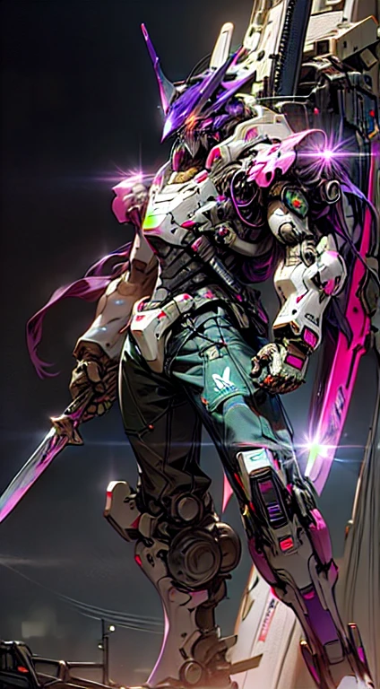 Milky Way background, mecha holding a long sword, front, purple mecha eyes deep and moving, on the moon, brilliant neon lights, the environment is glowing, science fiction, cyberpunk atmosphere.