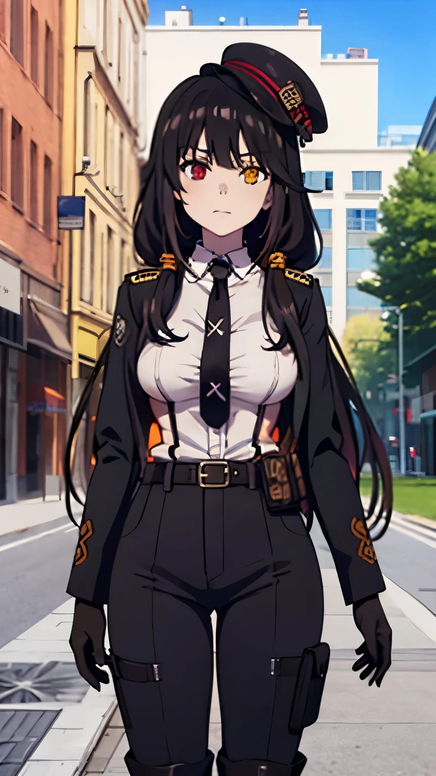 Anime adaptation for this character, (masterpiece) , (best quality), (ultra HD), 4K, tokisaki kurumi, tokisaki kurumi,vJirome, heterochromia, black hair, very long hair, orange eyes, x, ornament hair, large breast, white shirt, orange necktie, belt, pouch, black pants, thigh boots, military hat, black gloves, black wings, orange halo