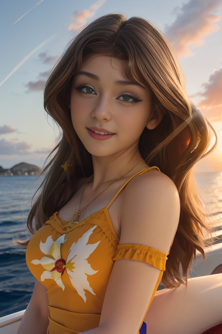 (Obra maestra, La mejor calidad:1.2), solamente, 1 chica , hermosa chica adolescente europea , Caucasian , mlp ,Sunset shimmet , brillo, linda sonrisa , cabello rojo connmechas color rubio ,  maquillaje , labios rojos , Mirando al espectador  , camiseta naranja , falda morada , ropa sexy , el brillo de la puesta de sol , 18 years , hermosa chica adolescente , Modelo adolescente , ojos color turquesa , viajando en yate , vacaciones , foto de cuerpo completo , vestido de gala