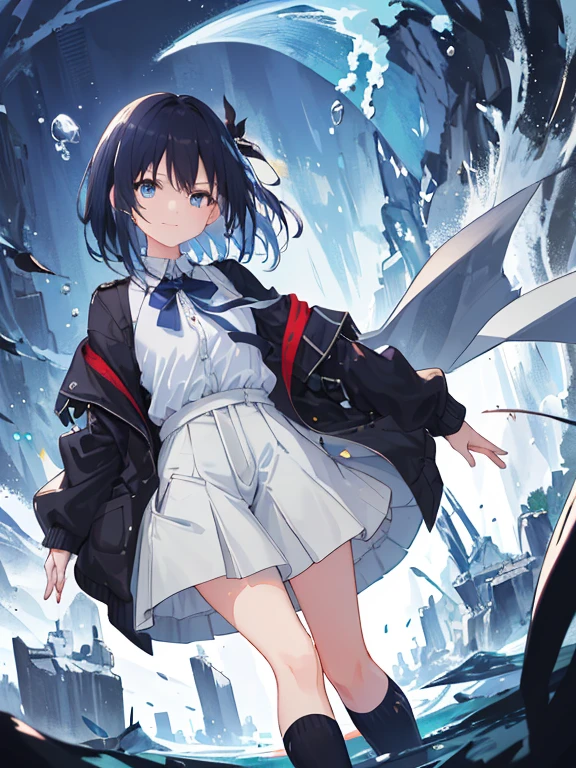 ((top-quality)), ((​masterpiece)), ((ultra-detailliert)), (extremely delicate and beautiful), girl with, solo, cold attitude,((Black jacket)),She is very(relax)with  the(Settled down)Looks,A dark-haired, depth of fields,evil smile,Bubble, under the water, Air bubble,bright light blue eyes,Inner color with light blue hair and dark blue tips,Cold background,Bob Hair - Linear Art, shortpants、knee high socks、White uniform like 、Light blue ribbon ties、Clothes are sheer、Hands in pockets