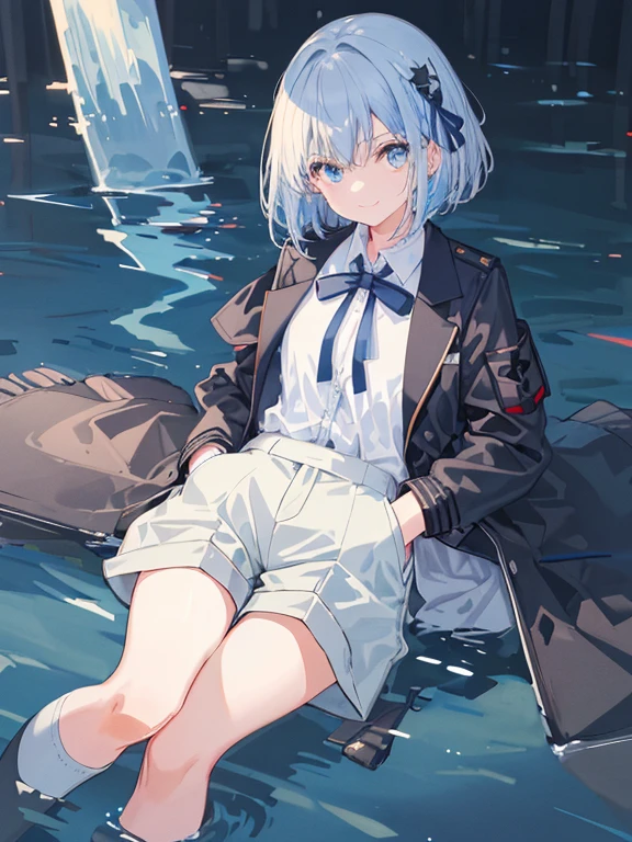 ((top-quality)), ((masterpiece)), ((ultra-detailliert)), (extremely delicate and beautiful), girl with, solo, cold attitude,((Black jacket)),She is very(relax)with the(Settled down)Looks,A dark-haired, depth of fields,evil smile,Bubble, under the water, Air bubble,bright light blue eyes,Inner color with light blue hair and dark blue tips,Cold background,Bob Hair - Linear Art, shortpants、knee high socks、White uniform like 、Light blue ribbon ties、Clothes are sheer、Hands in pockets