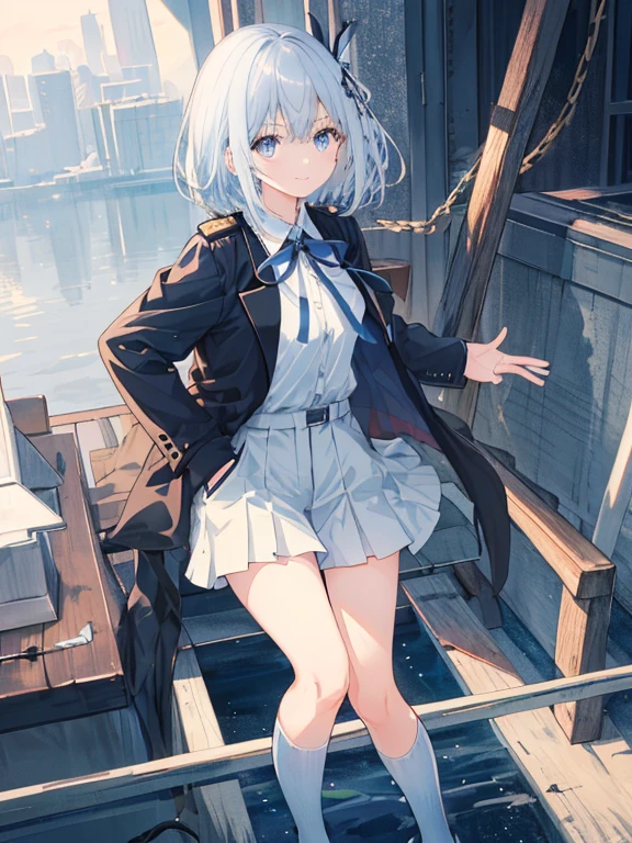 ((top-quality)), ((masterpiece)), ((ultra-detailliert)), (extremely delicate and beautiful), girl with, solo, cold attitude,((Black jacket)),She is very(relax)with the(Settled down)Looks,A dark-haired, depth of fields,evil smile,Bubble, under the water, Air bubble,bright light blue eyes,Inner color with light blue hair and dark blue tips,Cold background,Bob Hair - Linear Art, shortpants、knee high socks、White uniform like 、Light blue ribbon ties、Clothes are sheer、Hands in pockets