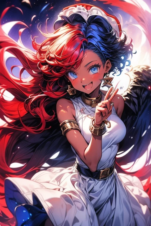 1girl(afrocentric), blue red hair(1:2), good and evil, heaven and hell

