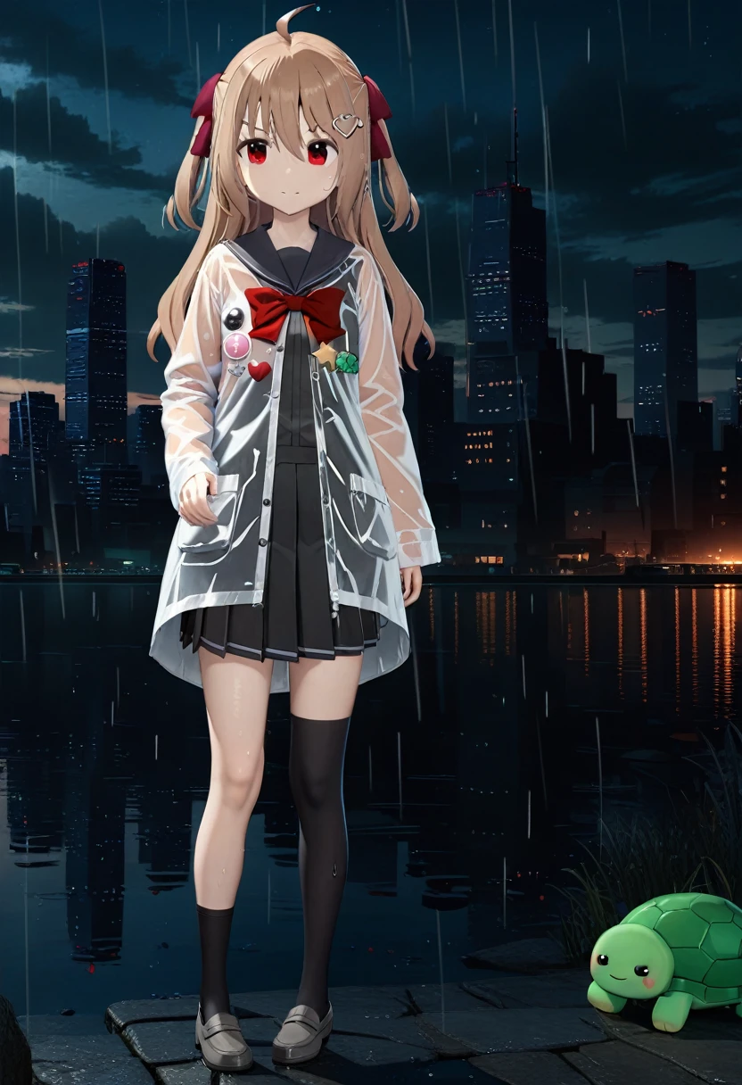 1girl, evil neuro-sama, (yuzu modoki), black skirt, pleated skirt, red eyes, black sailor collar, black cardigan, open cardigan, dark red ribbon, hair ribbon, two side up, ahoge, heart hair ornament, long sleeves, eart, button badge, star \(symbol\), drone, the number "1" on a badge, turtle, light brown hair, asymmetrical legwear, black thighhighs, black kneehighs, grey footwear, loafers, natural lighting, (masterpiece, best quality), night, skyline, detailed scenery, (3d render:0.7), highly detailed, finely detailed, outdoors, rain, wet, raincoat, transparent raincoat, wet clothes,