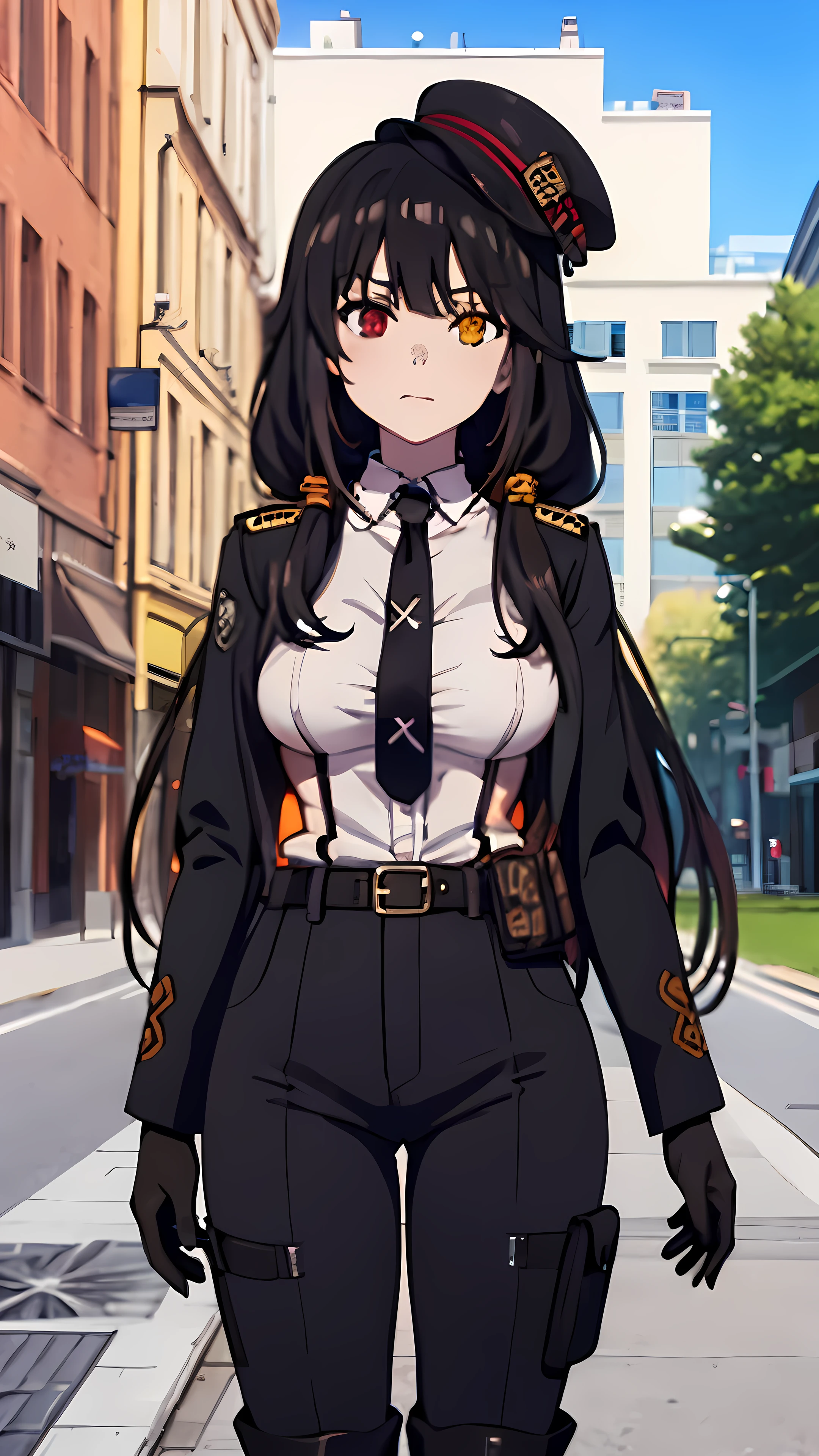 Anime adaptation for this character, (masterpiece) , (best quality), (ultra HD), 4K, tokisaki kurumi, tokisaki kurumi,vJirome, heterochromia, black hair, very long hair, orange eyes, x, ornament hair, large breast, white shirt, orange necktie, belt, pouch, black pants, thigh boots, military hat, black gloves, black wings, orange halo

