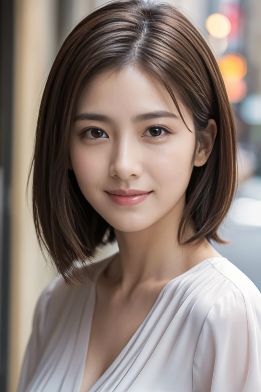 (Raw Photo), (Photorealsitic), (Masterpiece), (Best Quality), High Resolution, 8K, (Intricate Details), (Voluminous Light), Portrait, Female, 35 Years Old, Short Hair, Straight Hair , layered hair, brown hair, very fine eyes, source order, very fine eyebrows, very fine skin, very fine mouth, very fine nose, cute like an idol, happy smile, (thick lips), (looking at the viewer), (elegant blouse),